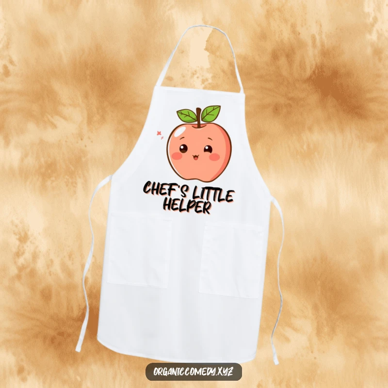 Funny Apron with a blushing apple character, simple eyes wide, spinning with culinary excitement, perfect for kitchen fun.