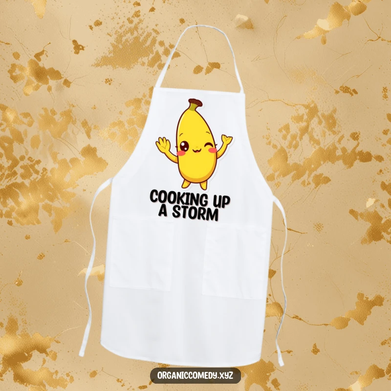 Funny, bright yellow banana character with eyes wide with mirth doing a silly wave, printed on a durable and humorous kitchen apron.
