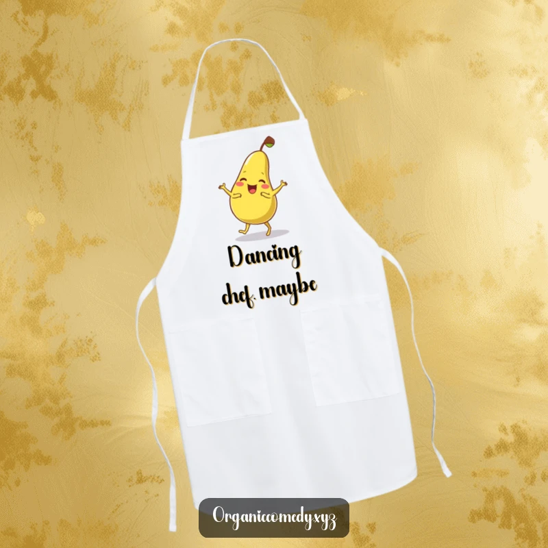Funny, wobbly pear character giggling and dancing clumsily, printed on a durable and humorous kitchen apron.