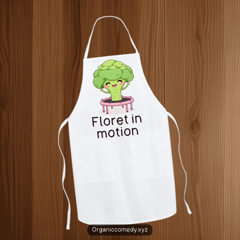 Funny apron with a giggling broccoli floret and stalks bouncing on a trampoline, great for cooking and kitchen activities.