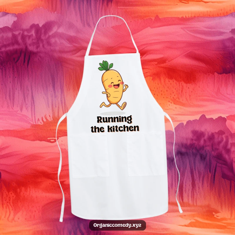Funny, round carrot character with a big grin jogging enthusiastically, printed on a durable and humorous kitchen apron.