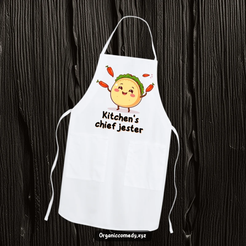 Funny smiling taco character with small legs juggling colorful chili peppers, a humorous and practical cooking apron.
