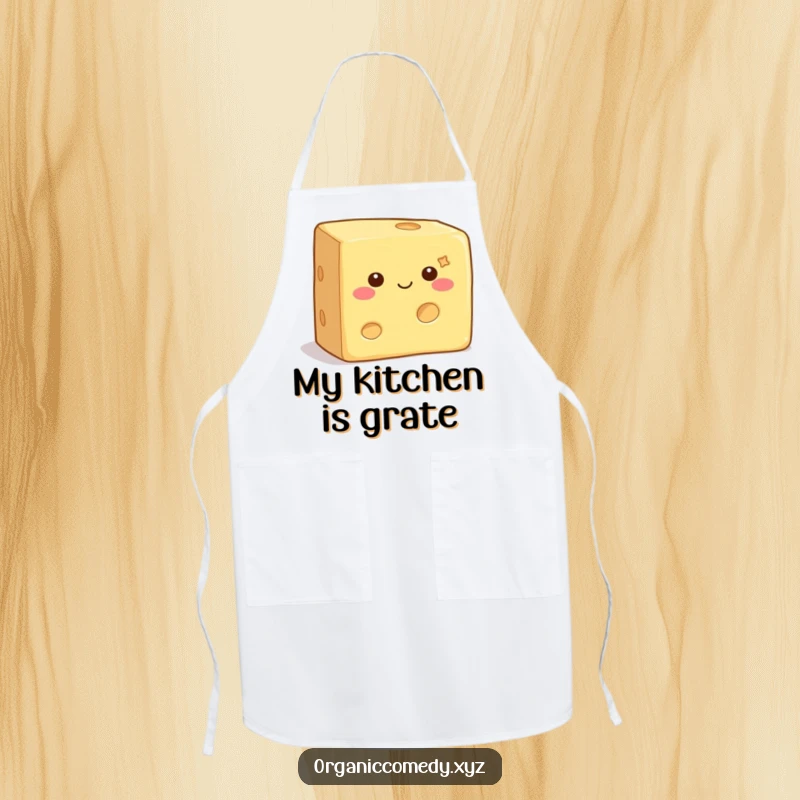 Funny Apron featuring a square, contented cheese block with tiny eyes, wiggling with culinary glee, perfect for cooking fun.