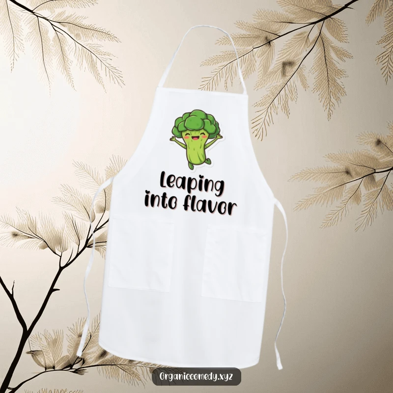 Funny, stubby broccoli character joyfully leaping mid-air, printed on a durable apron for stylish and humorous cooking.