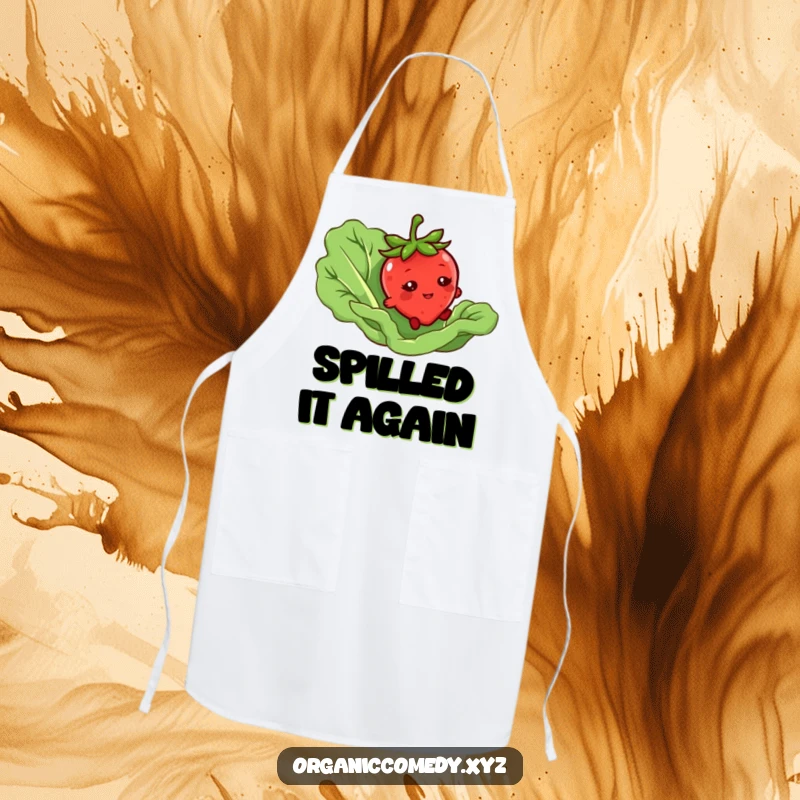 Funny apron showing a bashful strawberry character tripping over a giant lettuce leaf, ideal for cooking and kitchen fun.
