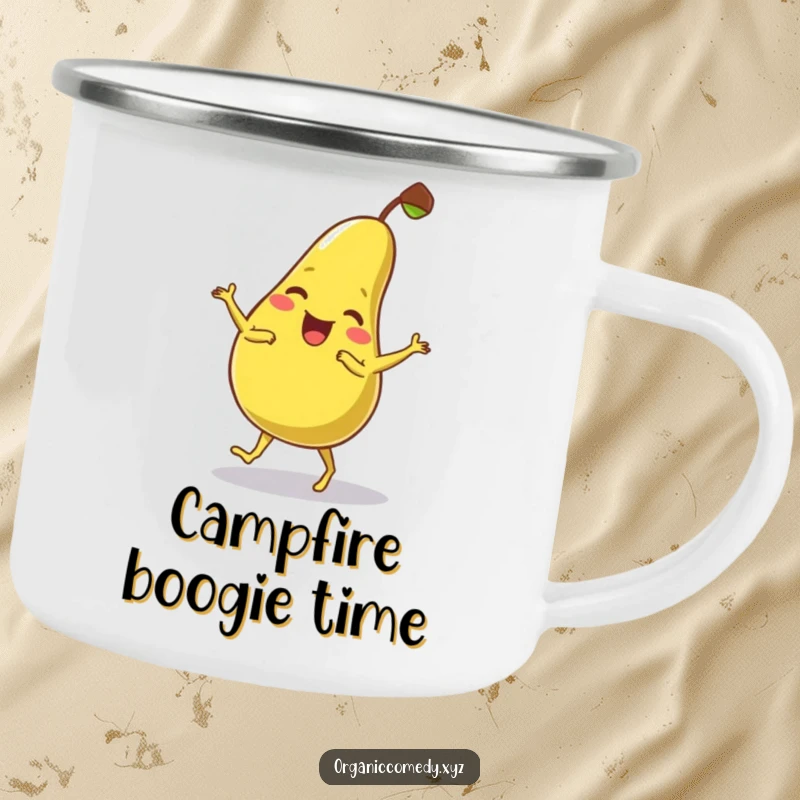Funny, wobbly pear character giggling while dancing clumsily, featured on a durable camping mug.