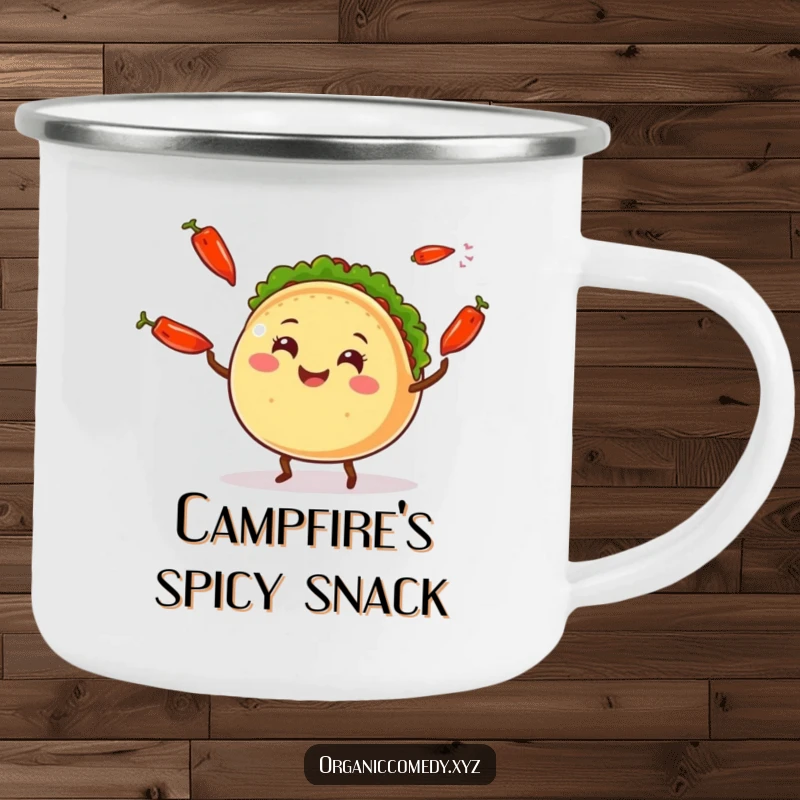 Funny smiling taco character with small legs juggling colorful chili peppers on a durable camping mug.