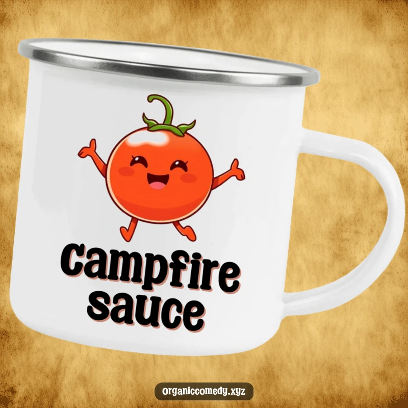 Funny, smiling, plump tomato character joyfully leaping mid-air, depicted on a durable camping mug.