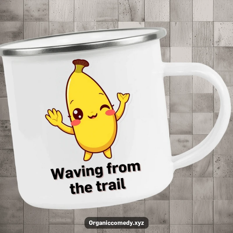 Funny, bright yellow banana character with eyes wide with mirth doing a silly wave, featured on a durable camping mug.
