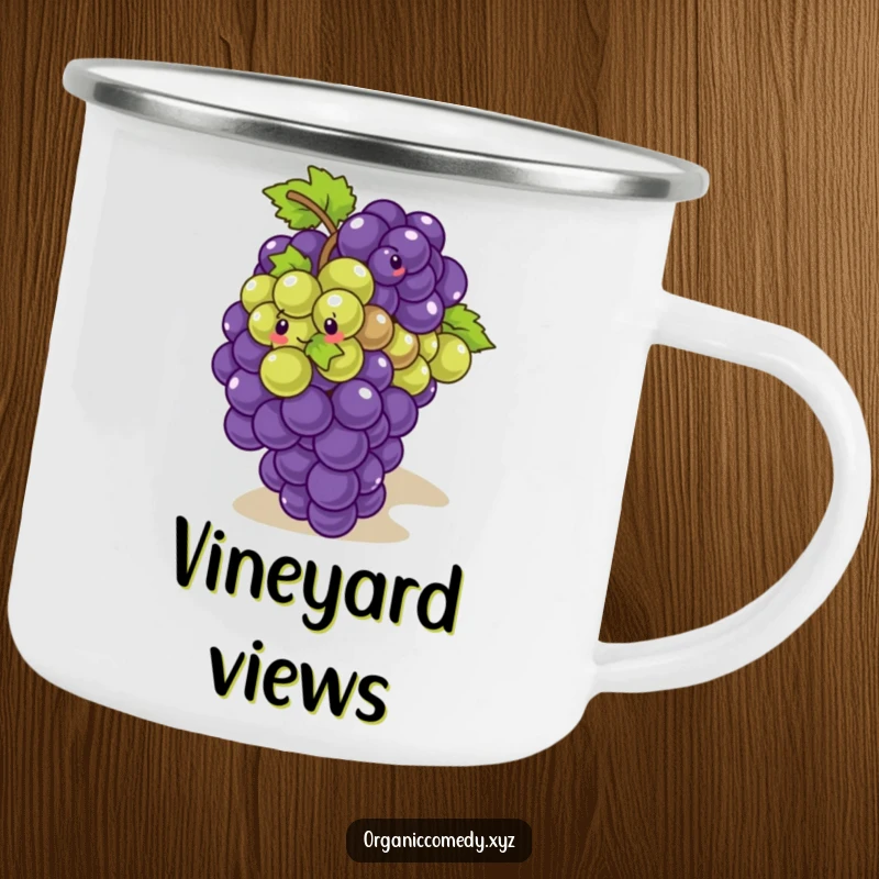Funny, giggling bunch of grapes playfully tumbling down a slope, depicted on a durable camping mug.