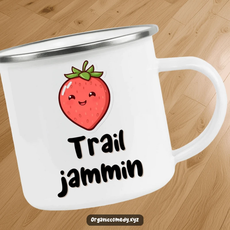 Funny, smiling, round strawberry character joyfully bouncing, depicted on a durable camping mug.