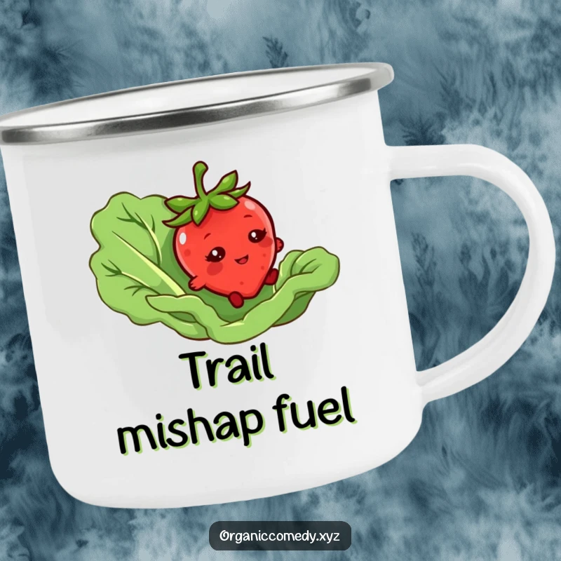 Funny camping mug featuring a bashful strawberry character tripping over a giant lettuce leaf, durable and humorous drinkware.