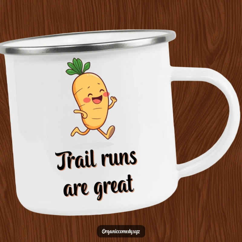 Funny, round carrot character with a big grin jogging enthusiastically, featured on a durable camping mug.