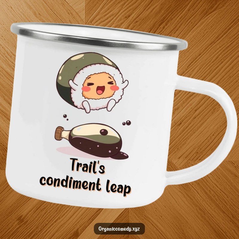 Funny cheerful sushi roll with tiny feet leaping over a giant soy sauce bottle on a durable camping mug.