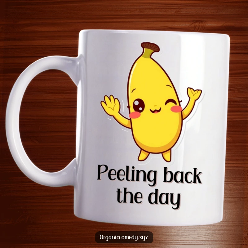 Funny, bright yellow banana character with eyes wide with mirth doing a silly wave, featured on a fun mug.