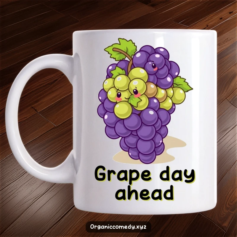 Funny, giggling bunch of grapes with small eyes playfully tumbling down a slope on a mug.