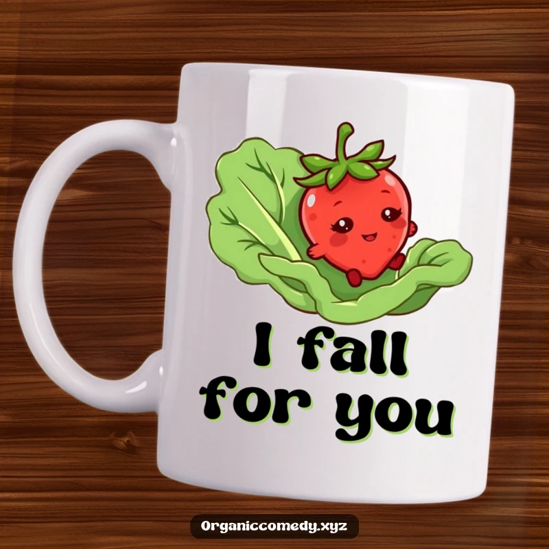 Funny mug with a bashful strawberry character tripping over a giant lettuce leaf, conveying a clumsy and endearing moment.