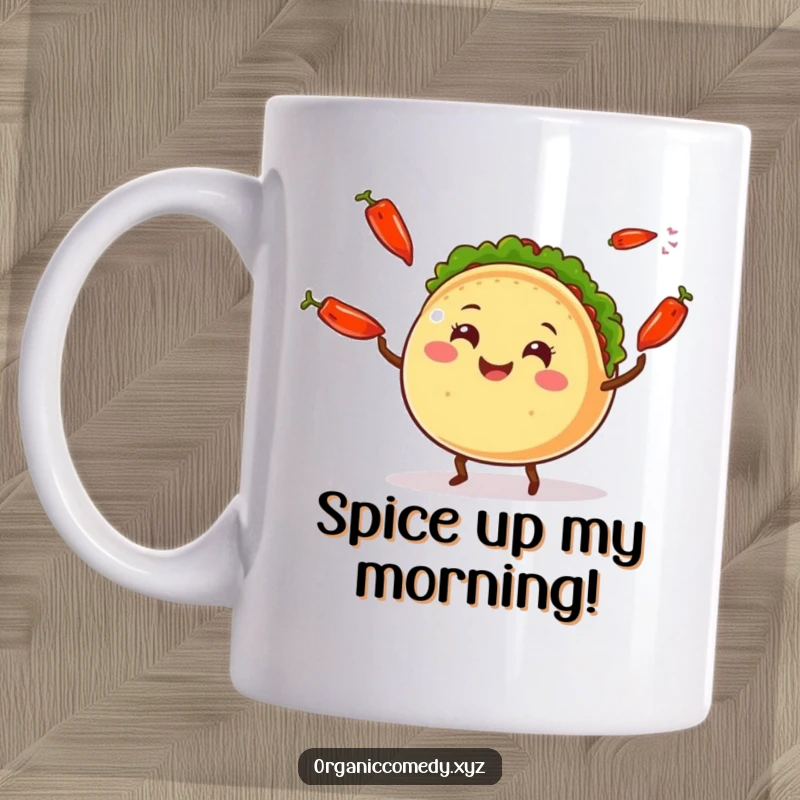 Funny smiling round taco character with small legs joyfully juggling colorful chili peppers, embodying festive energy.