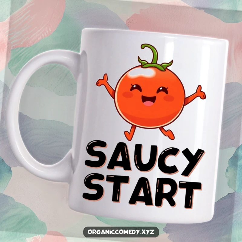 Funny, plump, cheerful tomato character with tiny eyes leaping happily mid-air on a mug.
