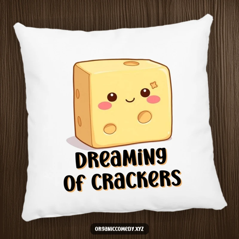 Funny Pillow showcasing a square, contented cheese block with tiny eyes, wiggling happily, bringing cozy humor to any seating.