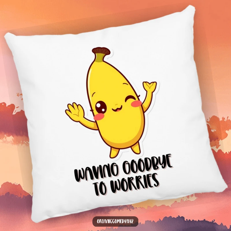Funny, bright yellow banana character with eyes wide with mirth doing a silly wave, featured on a soft and plush pillow.