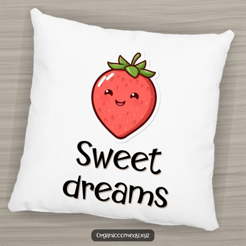 Funny, round, smiling strawberry character happily bouncing, featured on a soft and humorous decorative pillow.