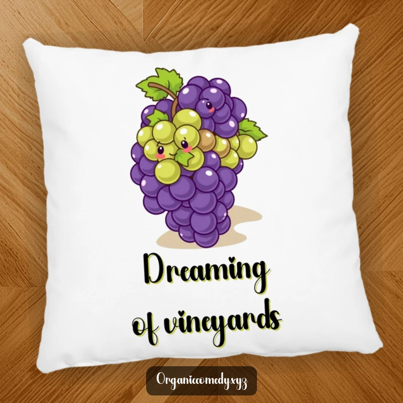 Funny, giggling bunch of grapes playfully tumbling down a slope, featured on a soft and humorous decorative pillow.