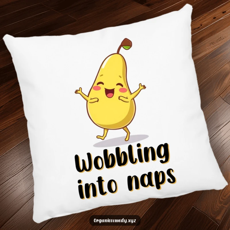 Funny, wobbly pear character giggling while dancing clumsily, featured on a soft and plush pillow for ultimate comfort.