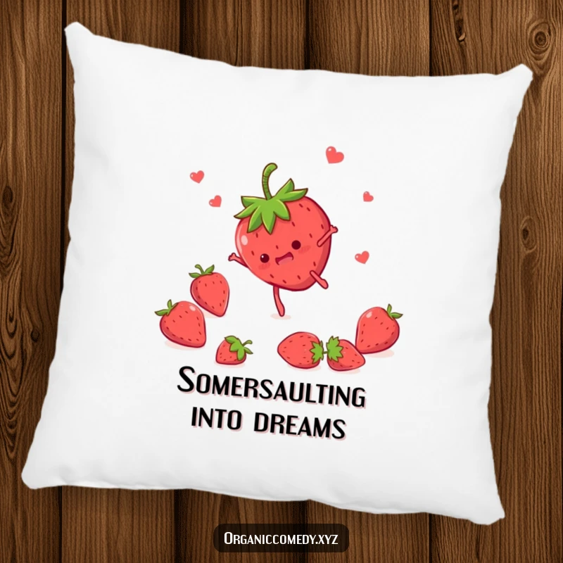 Funny strawberry character with tiny legs doing a somersault, featured on a soft and plush pillow for maximum comfort.