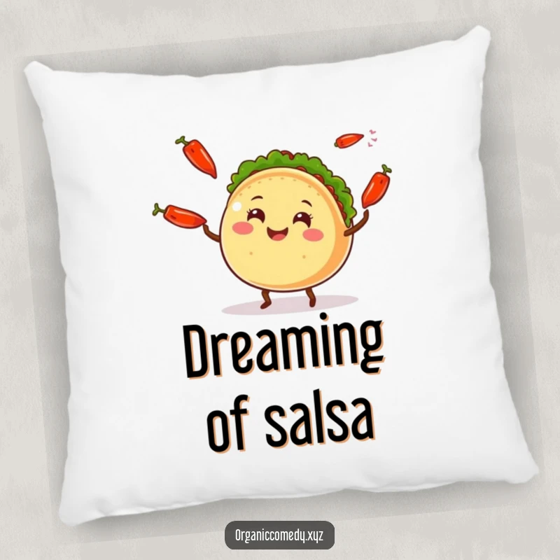 Funny round taco character with legs joyfully juggling chili peppers, a soft and humorous cushion for relaxation.