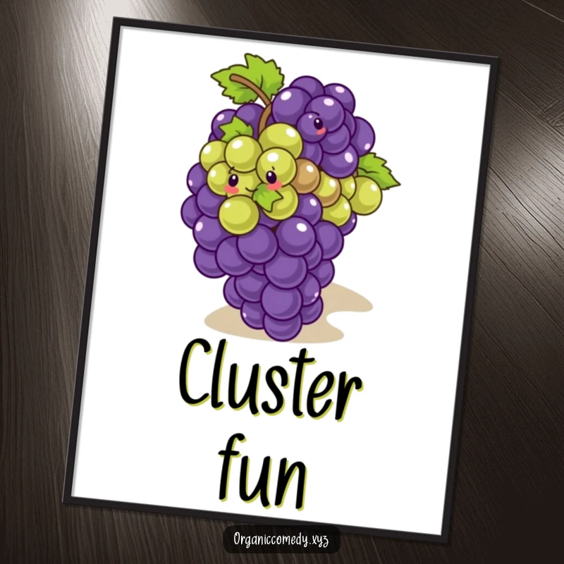Funny, giggling bunch of grapes with small eyes playfully tumbling down a slope, digital art print.
