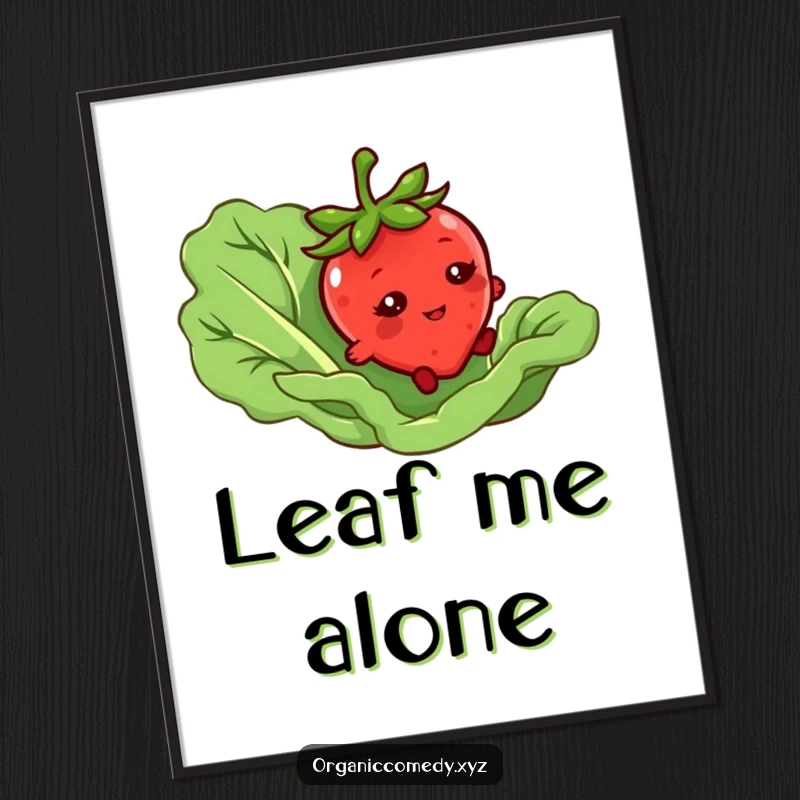 Funny digital art print of a bashful strawberry character tripping over a giant lettuce leaf, vibrant and humorous illustration.