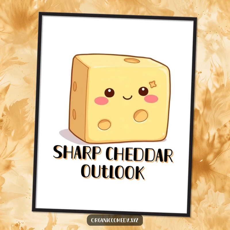 Funny Digital Art Print of a square, contented cheese block with tiny eyes, wiggling with infectious happiness, for instant mood boost.