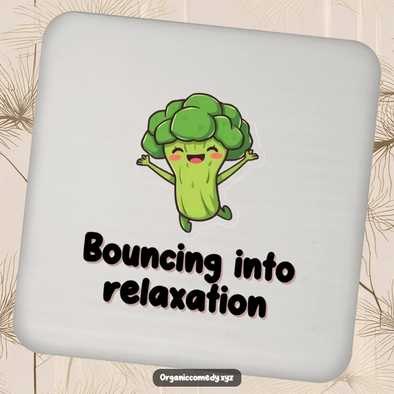 Funny, stubby broccoli character joyfully leaping mid-air, acting as a humorous and protective drink coaster.