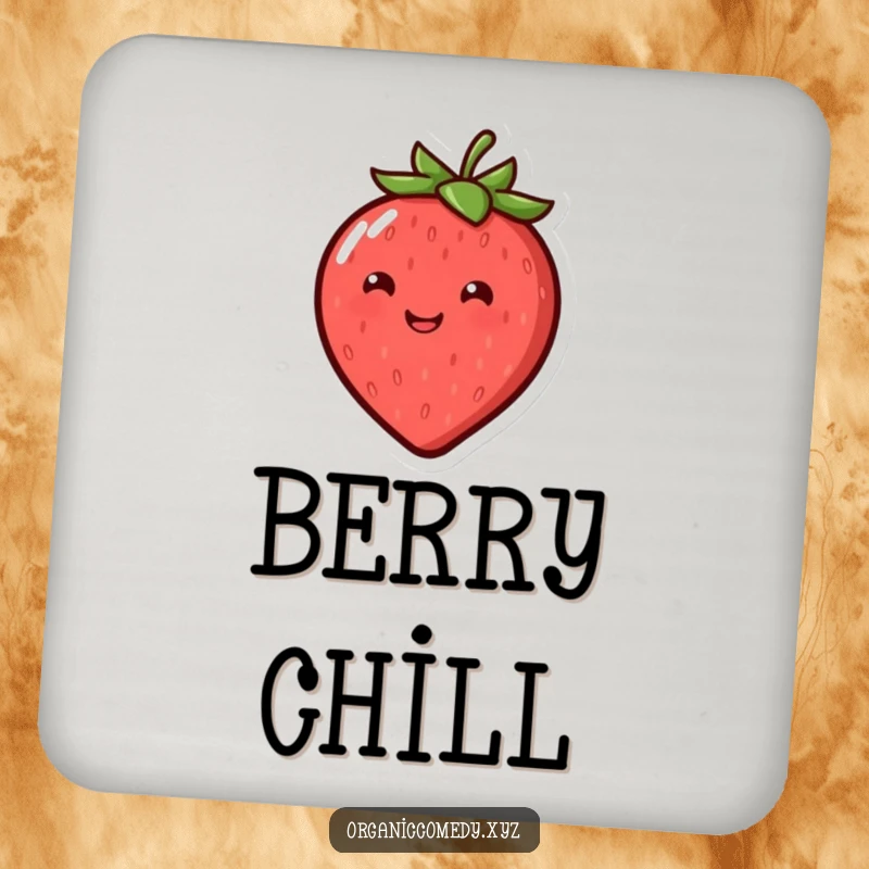 Funny, round, smiling strawberry character happily bouncing, featured on a humorous drink coaster.