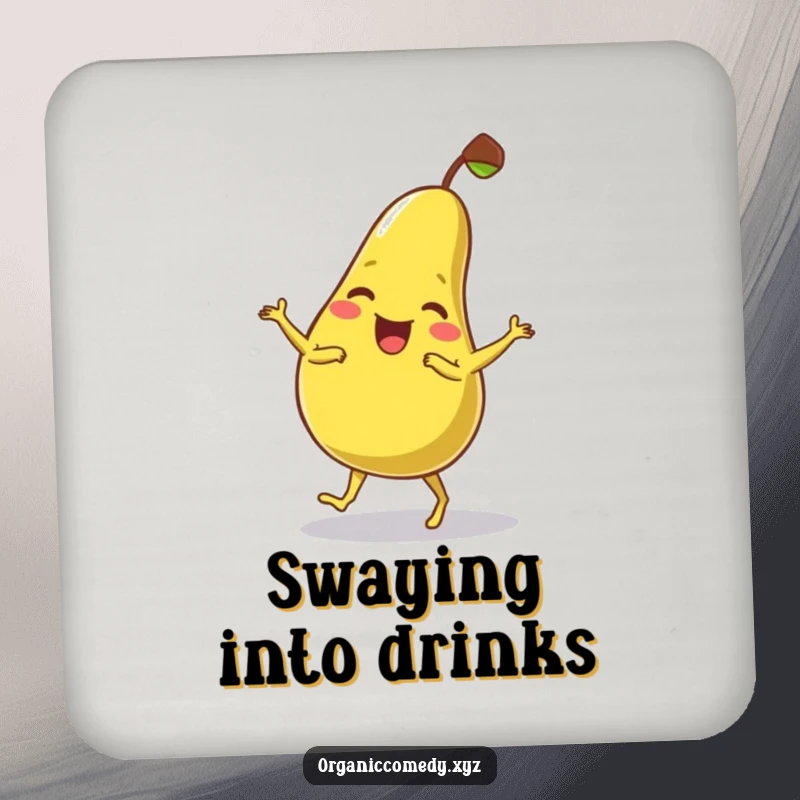 Funny, wobbly pear character giggling while dancing clumsily, acting as a humorous and protective drink coaster.