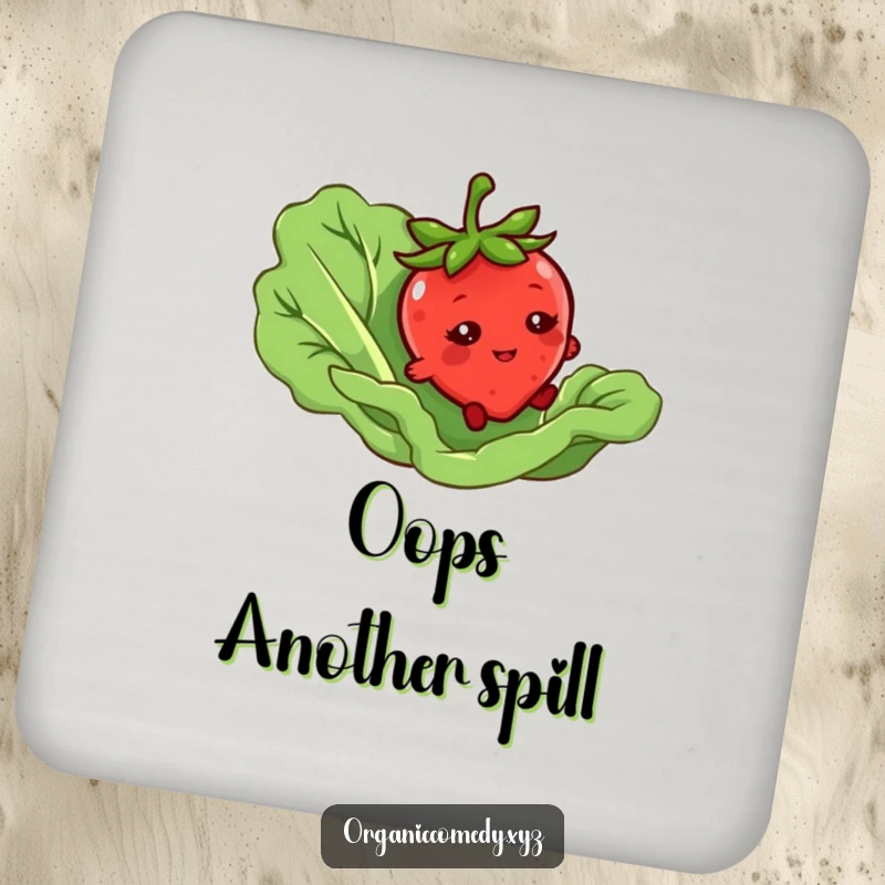 Funny coaster with a bashful strawberry character tripping over a giant lettuce leaf, a humorous and functional accessory.