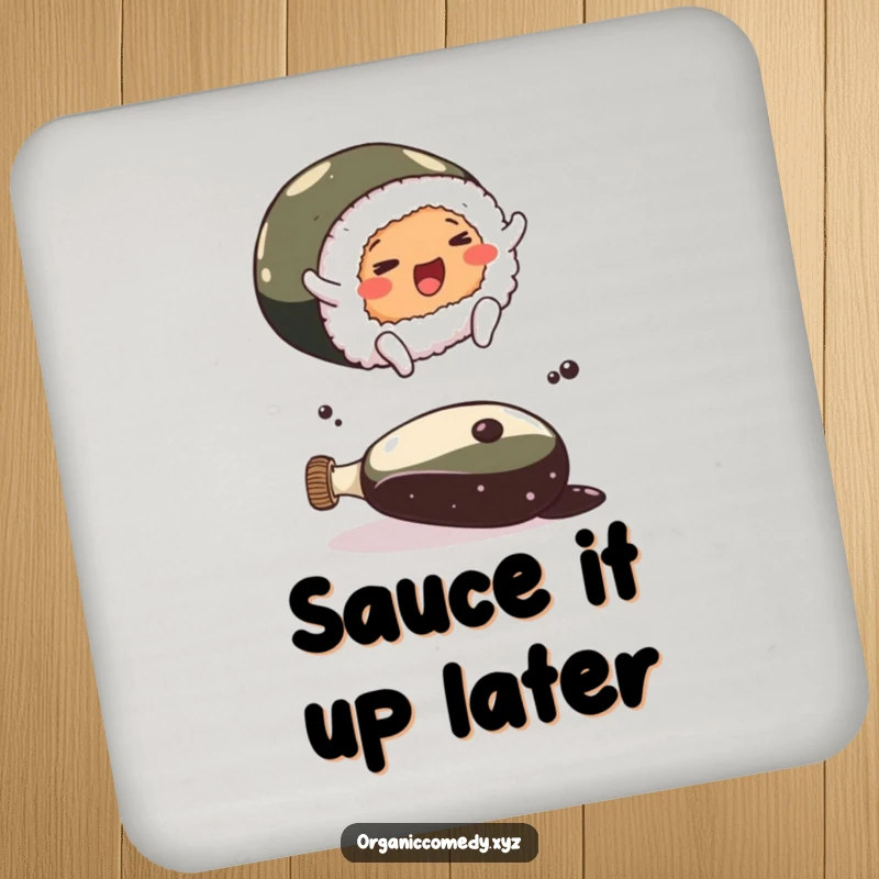 Funny sushi roll character with small feet leaping over a large soy sauce bottle on protective coasters, adding charm.