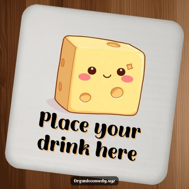 Funny Coaster showcasing a square, contented cheese block with tiny eyes, wiggling adorably, protecting surfaces with joy.