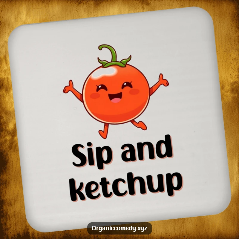 Funny, plump, cheerful tomato character happily leaping mid-air, featured on a humorous drink coaster.