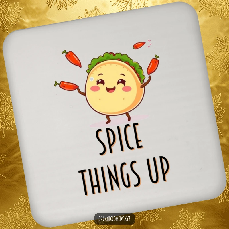 Funny round taco character with legs joyfully juggling chili peppers on protective coasters, adding festive charm.