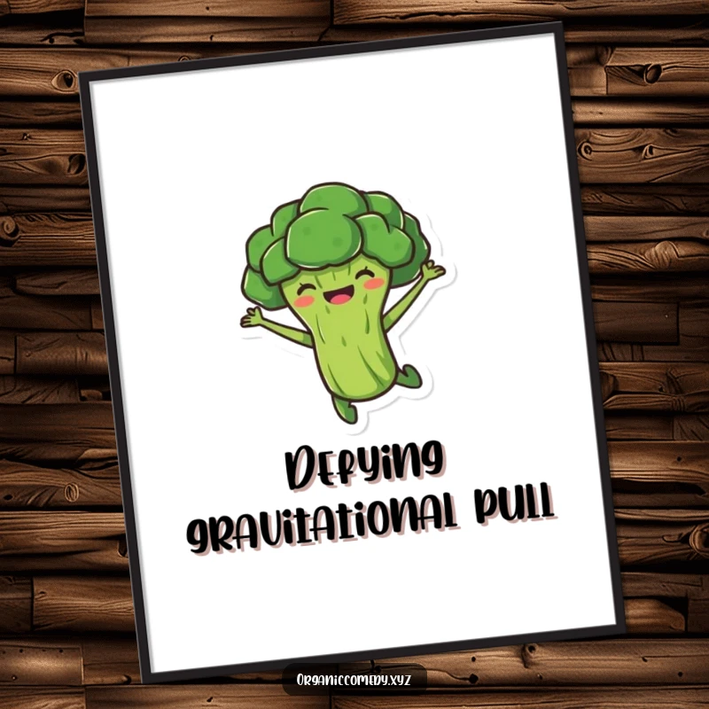Funny, stubby broccoli character captured in a joyful airborne leap, presented as vibrant wall art on a poster.