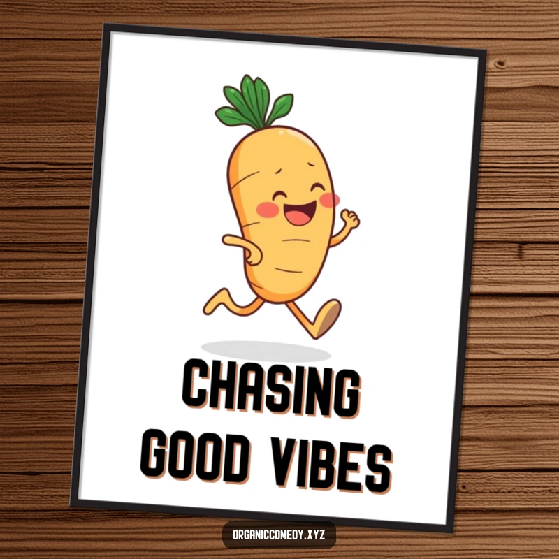 Funny, round carrot character with a big grin jogging enthusiastically, presented as vibrant wall art on a poster.