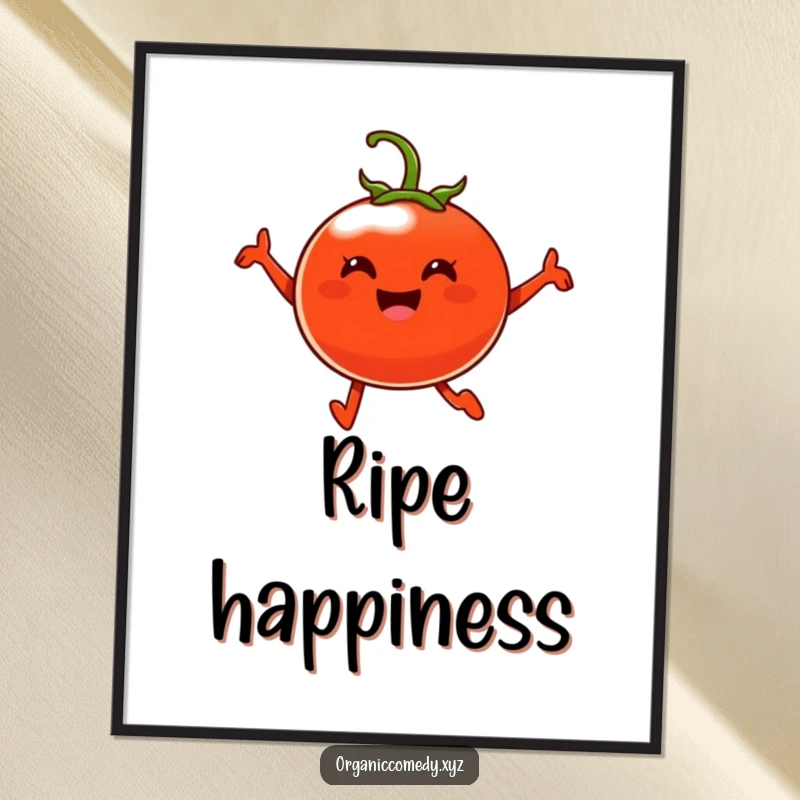 Funny, plump, cheerful tomato character leaping with happiness, presented as cheerful wall art.