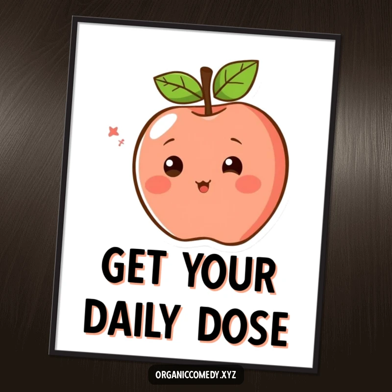 Funny Poster featuring a blushing apple character with simple eyes, spinning with pure excitement and joy, perfect wall art.