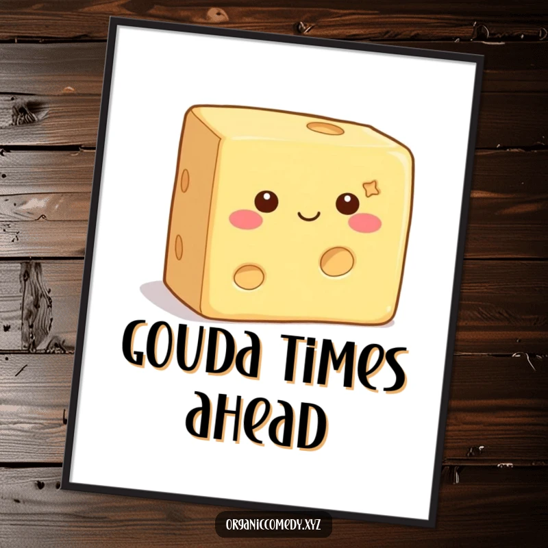 Funny Cheese Poster featuring a square, contented cheese block with tiny eyes, wiggling with sheer happiness, ideal for a fun room.