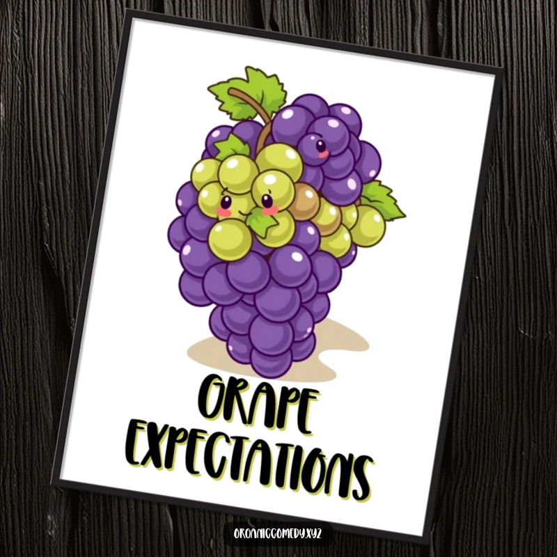Funny, giggling bunch of grapes with small eyes tumbling playfully down a slope, presented as fun wall art.