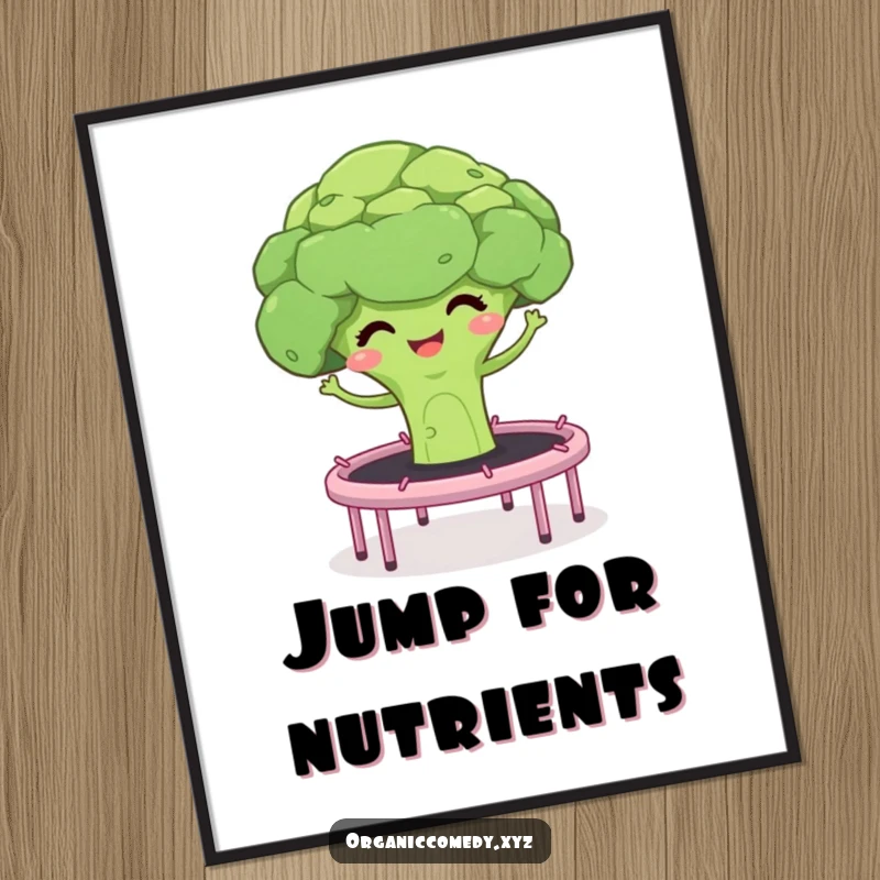 Funny poster showcasing a giggling broccoli floret and stalks bouncing high on a trampoline, a lively and playful illustration.