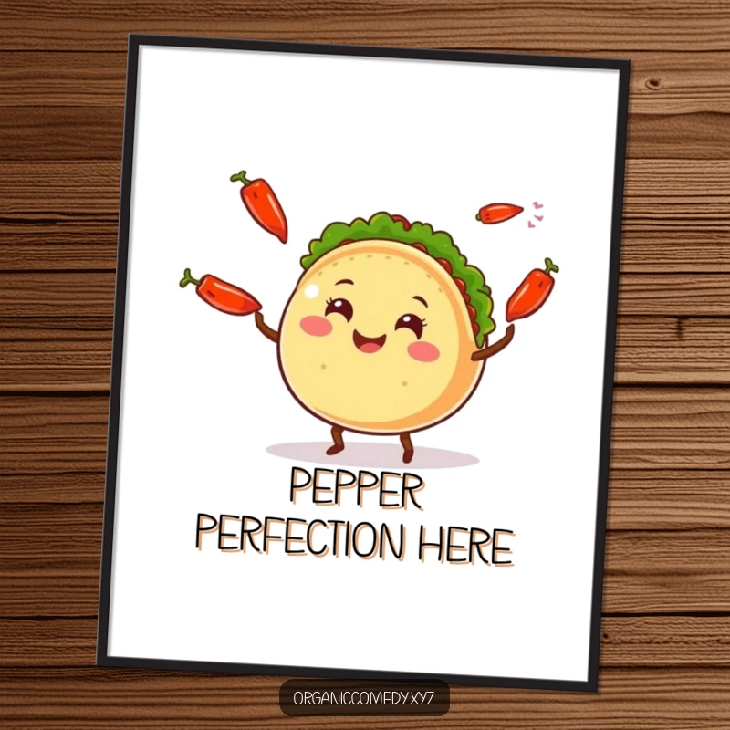Funny smiling taco character with small legs joyfully juggling colorful chili peppers, creating vibrant and humorous wall art.
