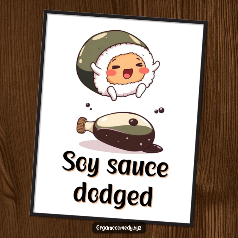 Funny cheerful sushi roll with tiny feet leaping over a giant soy sauce bottle, creating dynamic and humorous wall art.